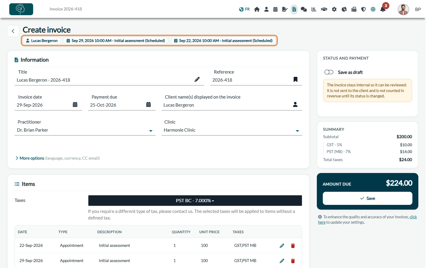 Top of the grouped invoice: the client and the appointments it covers under the title, the Information card and the side panel