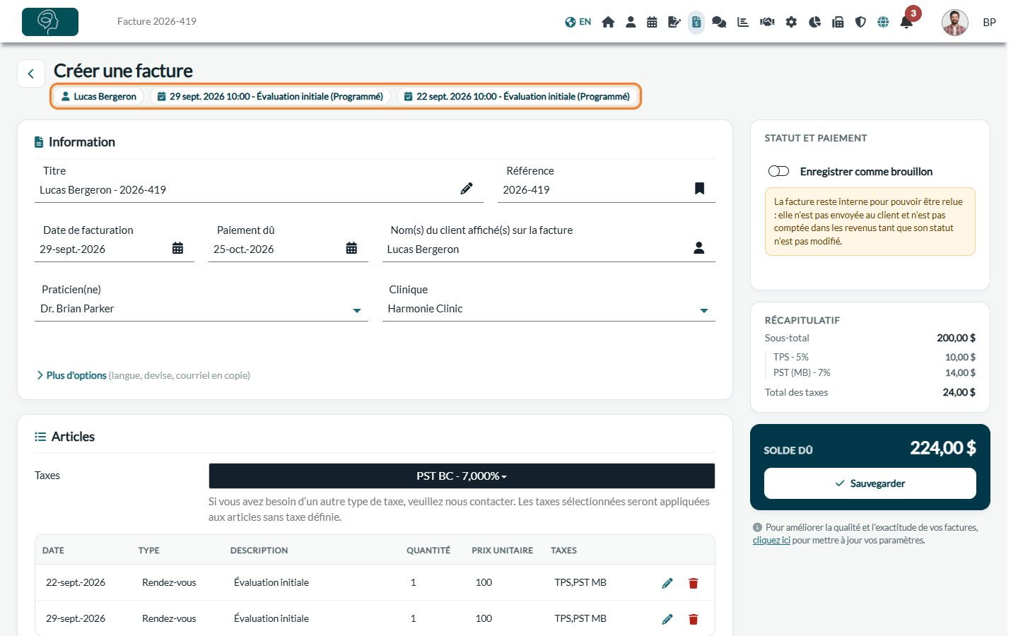 Haut de la facture groupée : le client et les rendez-vous couverts sous le titre, la carte Information et le panneau latéral