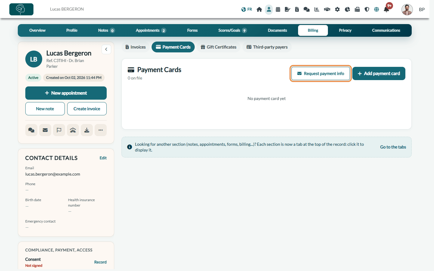 Payment Cards sub-tab of the client record with the Request payment info button