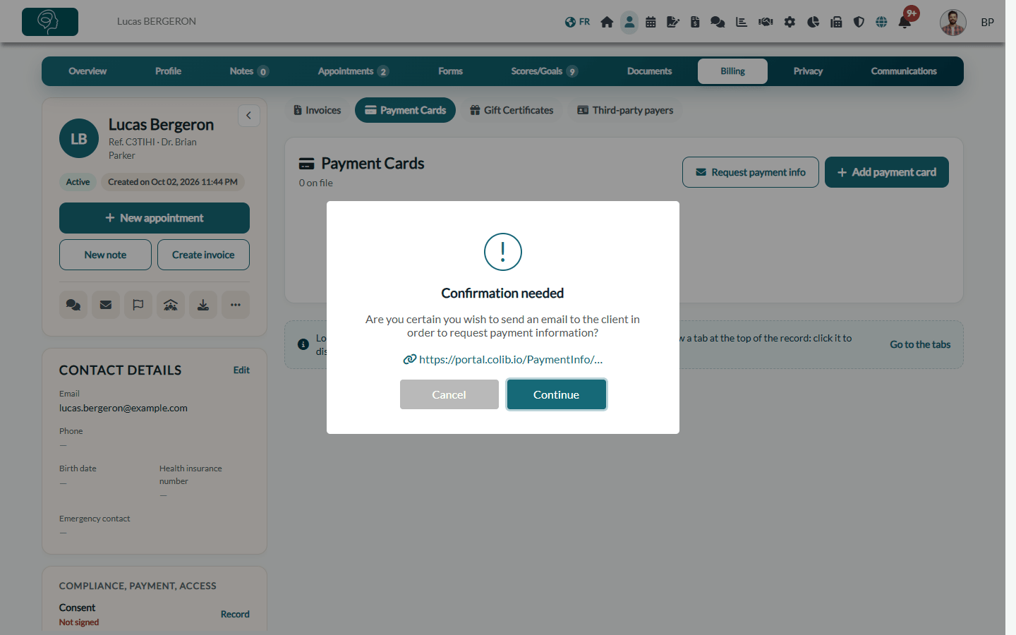 Confirmation window before sending the payment information request