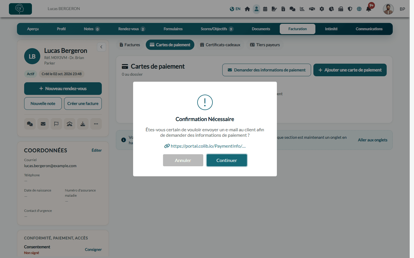Fenêtre de confirmation avant l'envoi de la demande d'informations de paiement