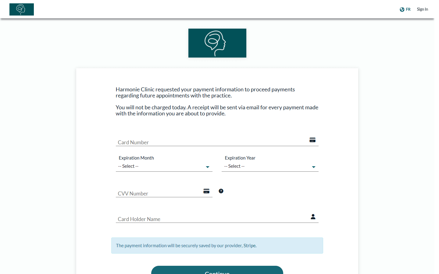 Secure page where the client enters their card details