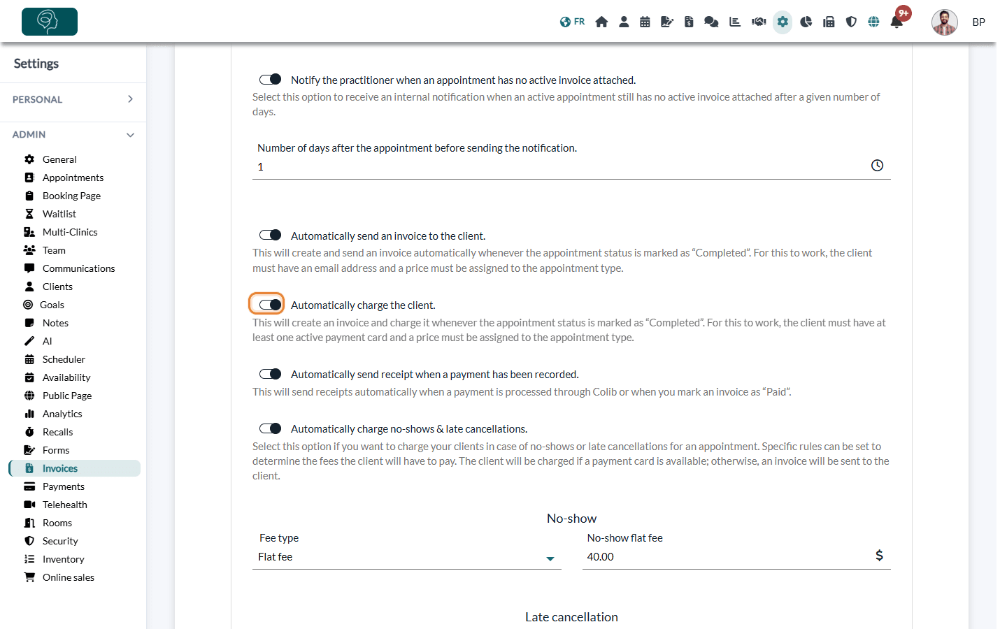 Automation section of Settings > Invoices with the option Automatically charge the client