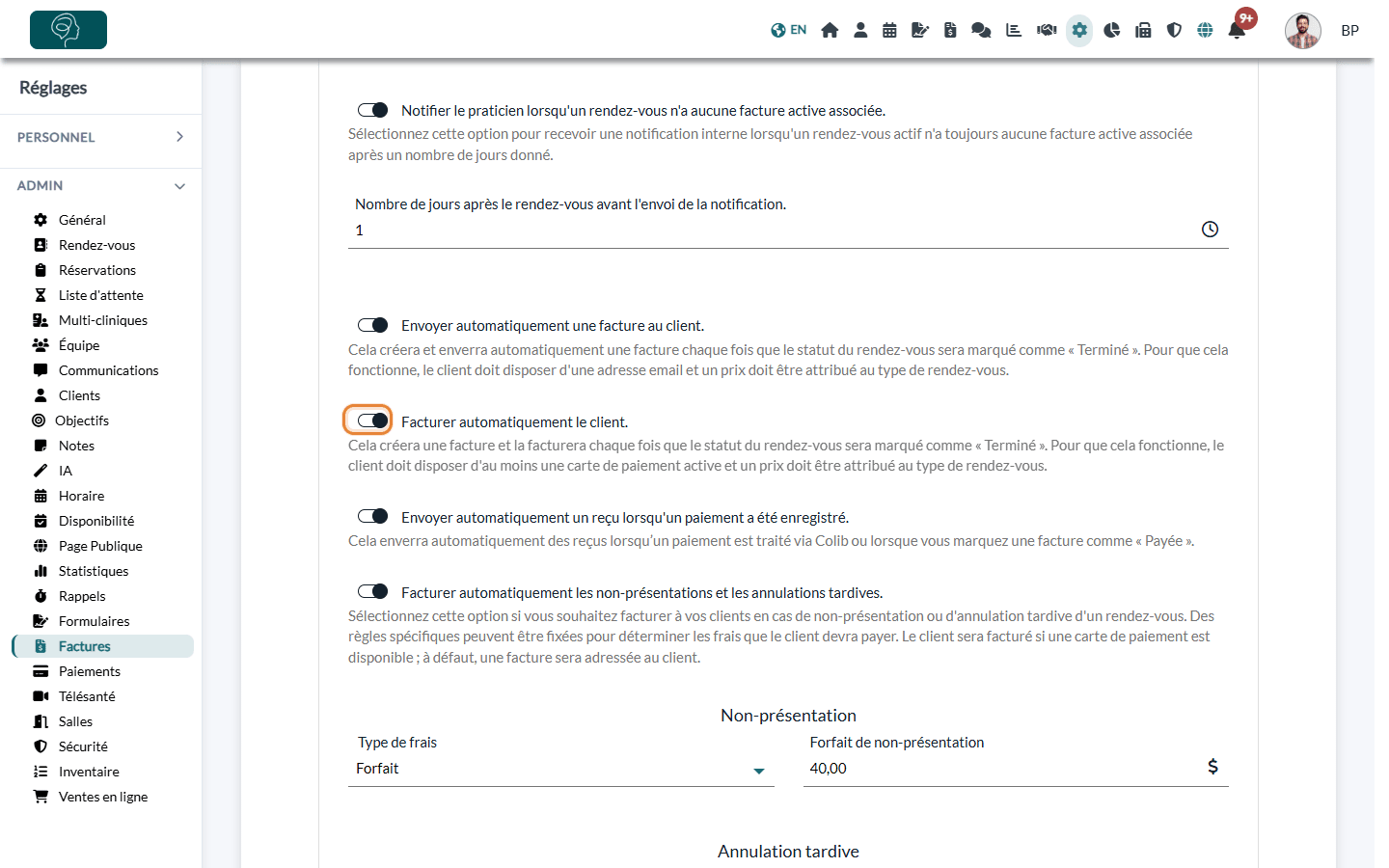 Section Automatisation de Réglages > Factures avec l'option Facturer automatiquement le client