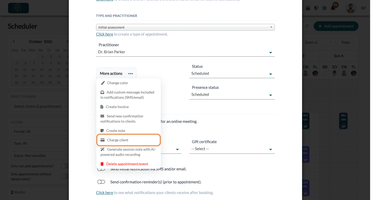 More actions menu of an appointment, with Charge client