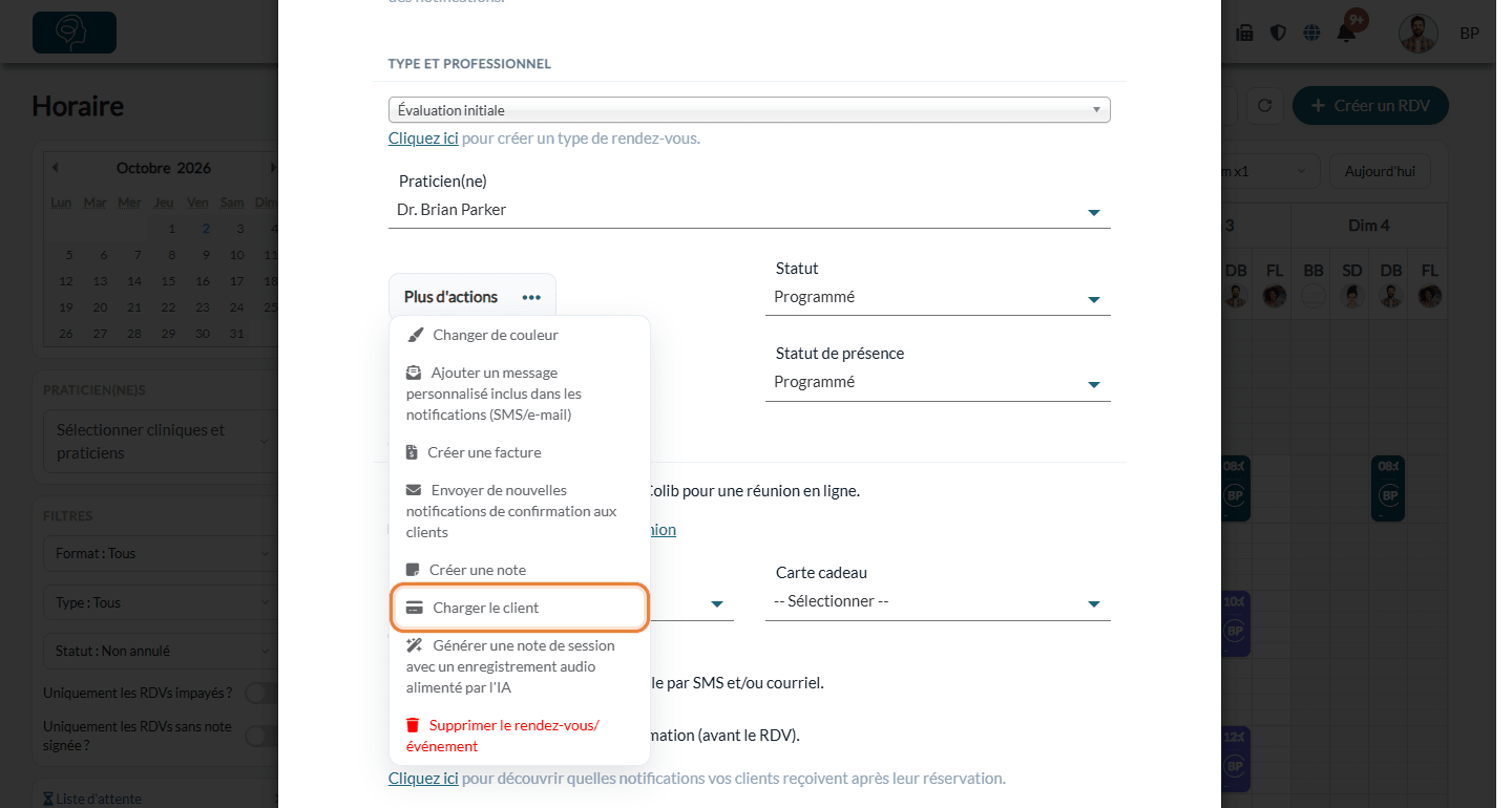 Menu Plus d'actions d'un rendez-vous, avec Charger le client