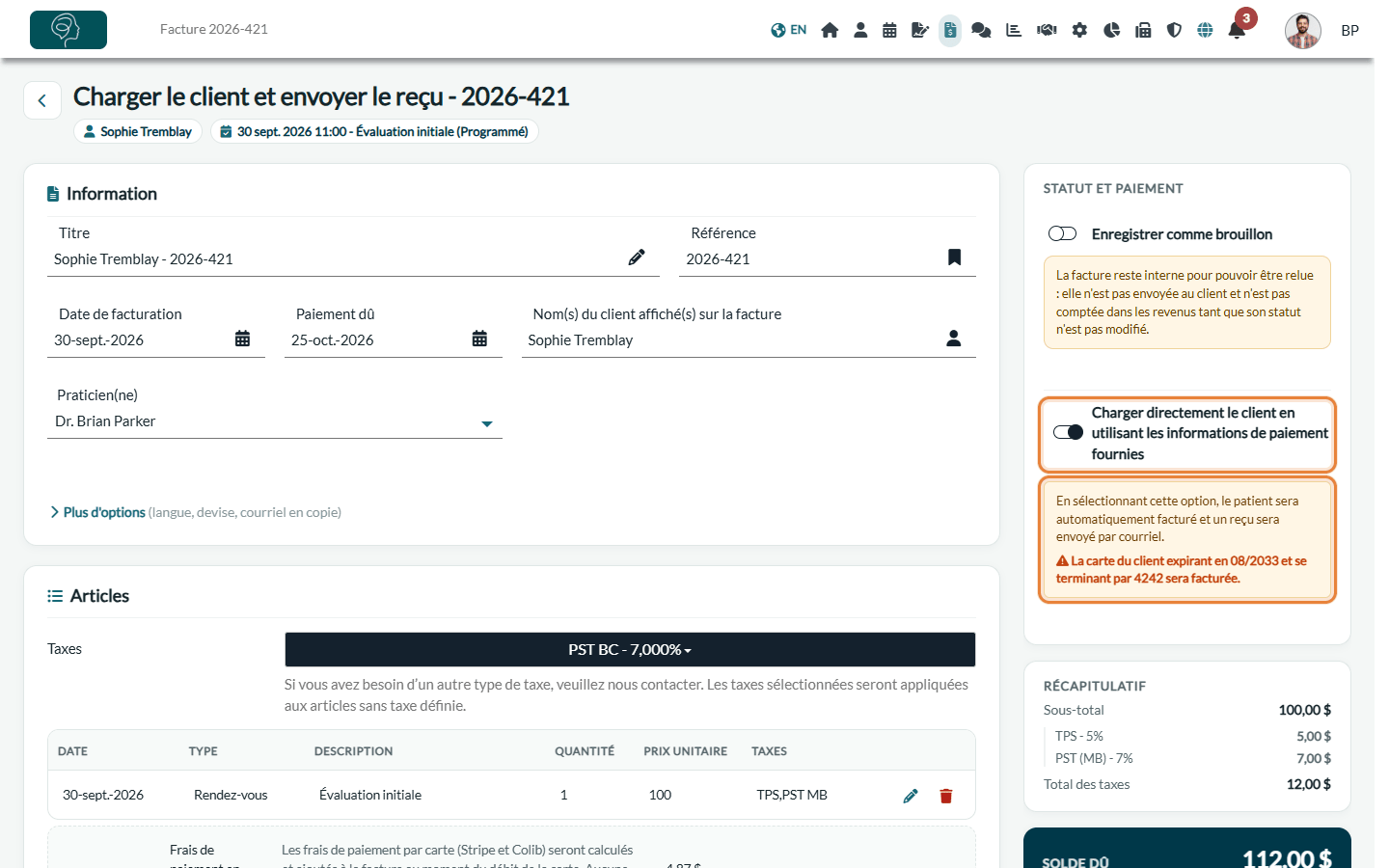 Option Charger directement le client en utilisant les informations de paiement fournies, avec la carte qui sera débitée