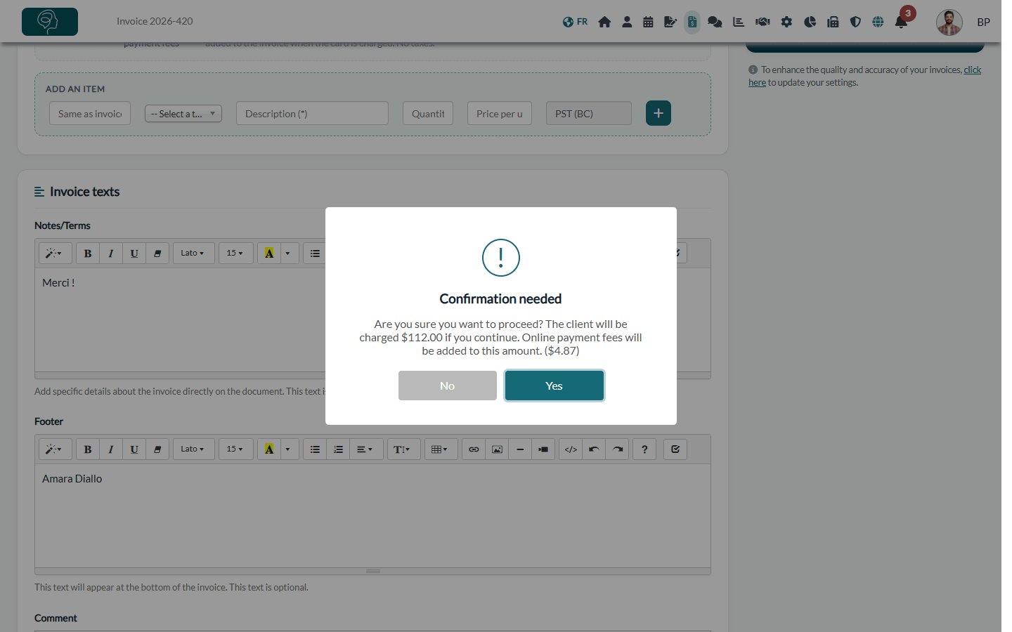 Confirmation window showing the amount that will be charged to the client