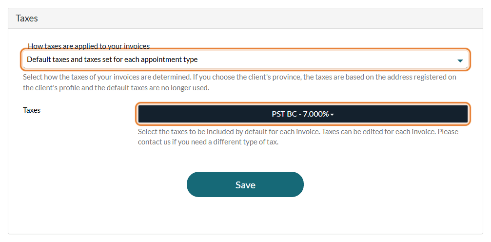 Taxes section in Settings > Invoices with the default taxes