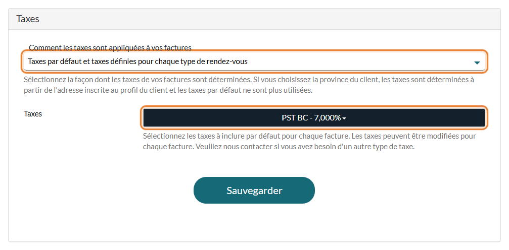 Section Taxes de Réglages > Factures avec les taxes par défaut