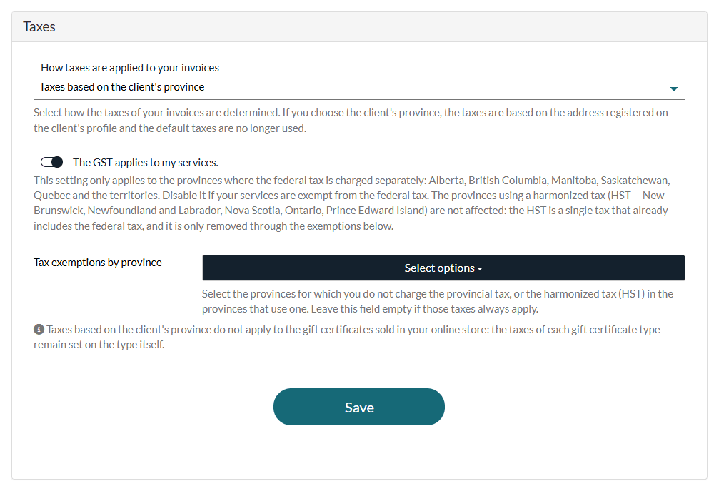 Taxes based on the client's province, with the GST option and the exemptions by province