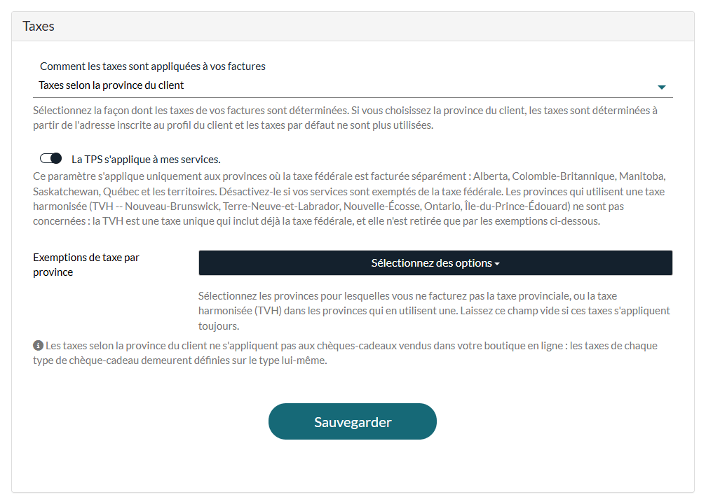Taxes selon la province du client, avec l'option TPS et les exemptions par province