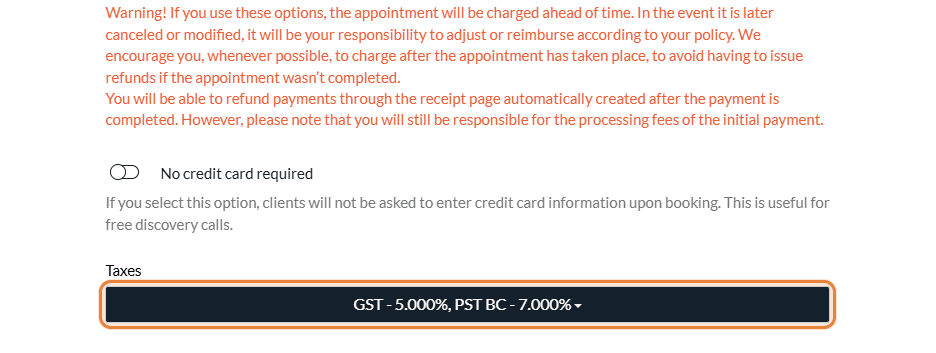 Taxes field in the Invoicing section of an appointment type
