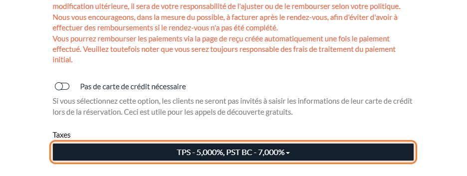 Champ Taxes de la section Facturation d'un type de rendez-vous