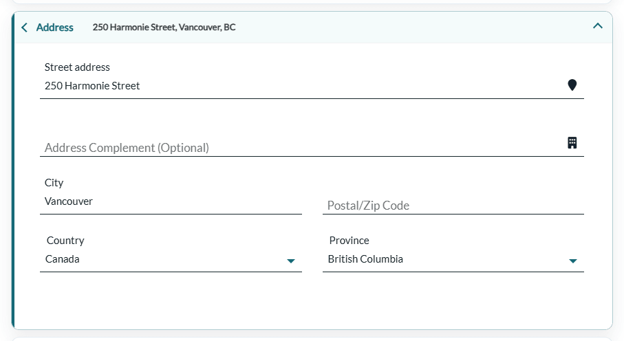 Address section of a client profile with the province