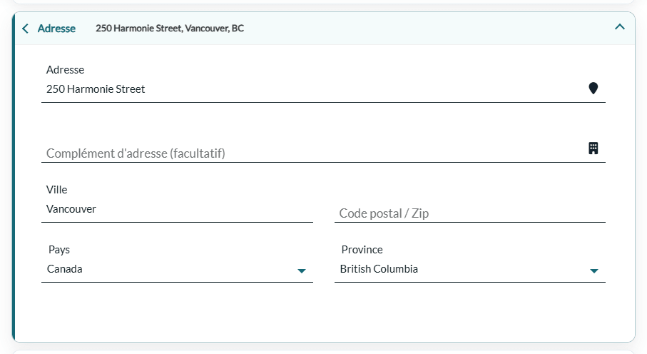 Section Adresse du profil d'un client avec la province
