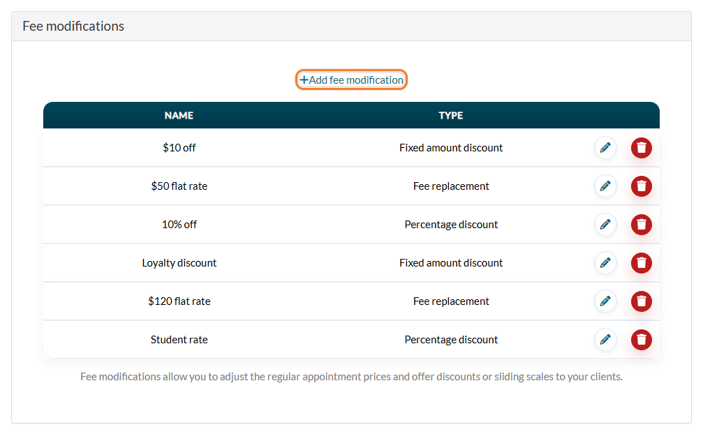Fee modifications section in Settings > Invoices