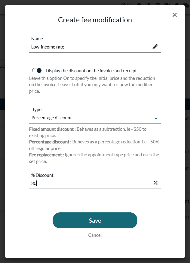 Create fee modification window with a percentage discount