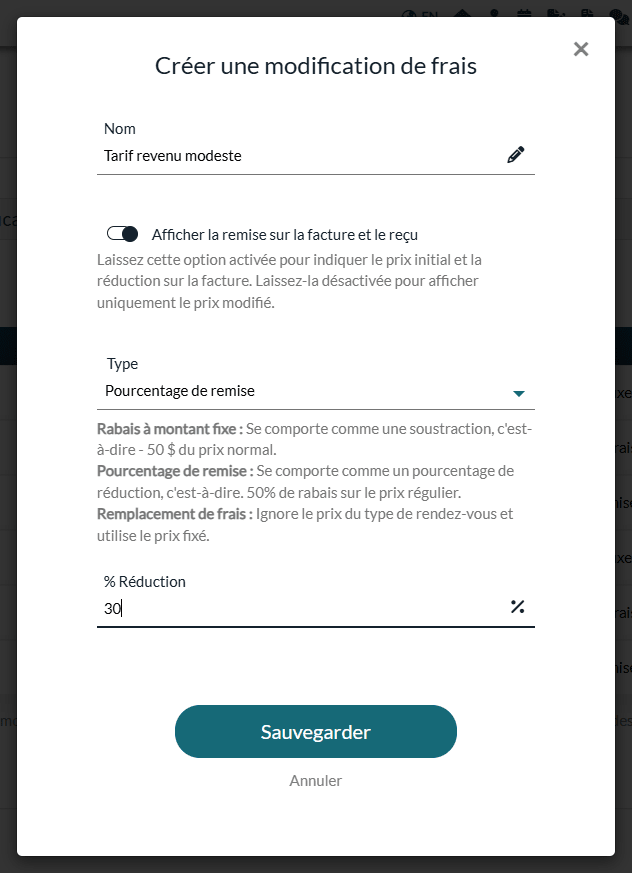 Fenêtre Créer une modification de frais avec un pourcentage de remise