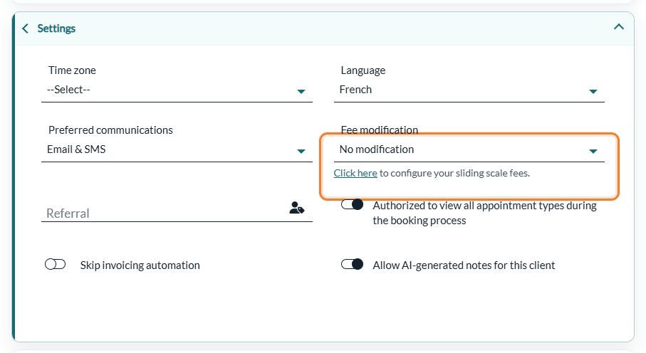 Fee modification field in the Settings section of a client profile