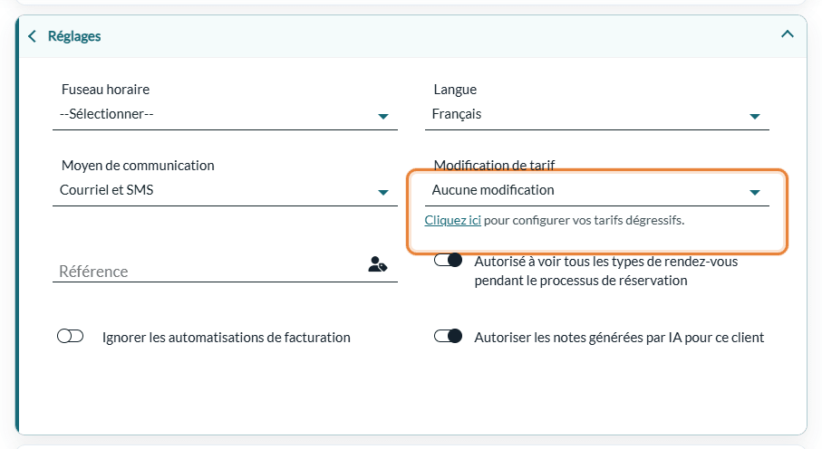 Champ Modification de tarif de la section Réglages du profil d'un client