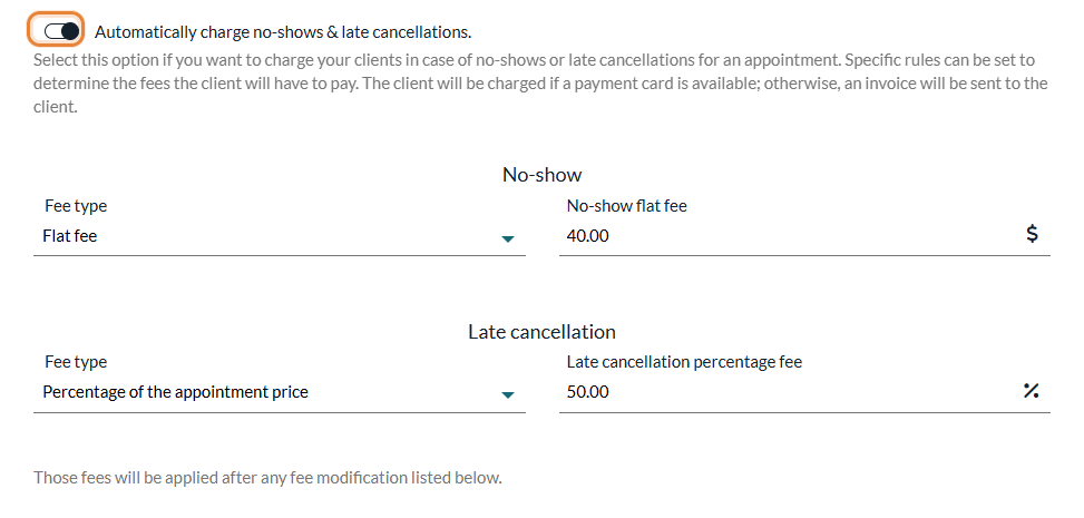 No-show and late cancellation fees in the Automation section of Settings > Invoices