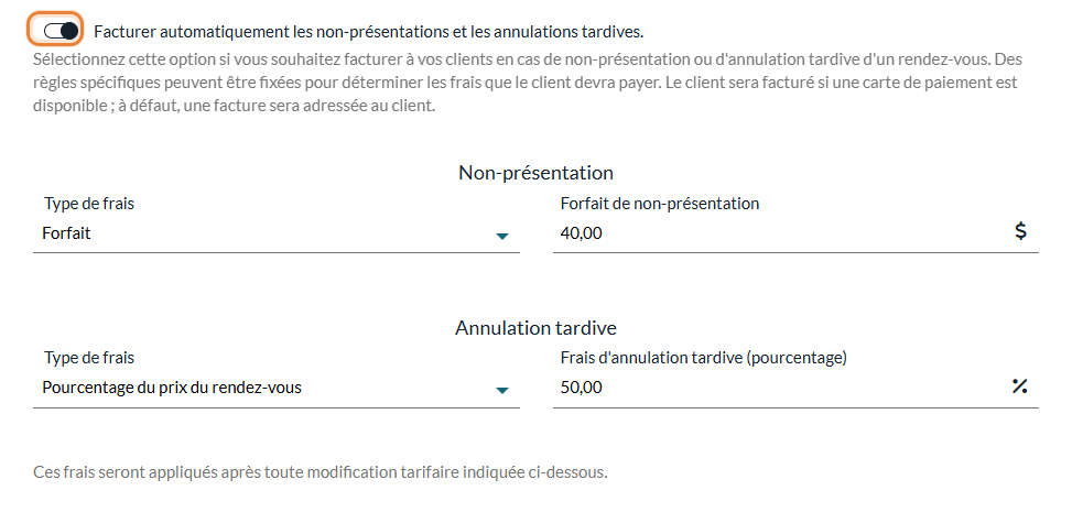 Frais de non-présentation et d'annulation tardive dans la section Automatisation de Réglages > Factures