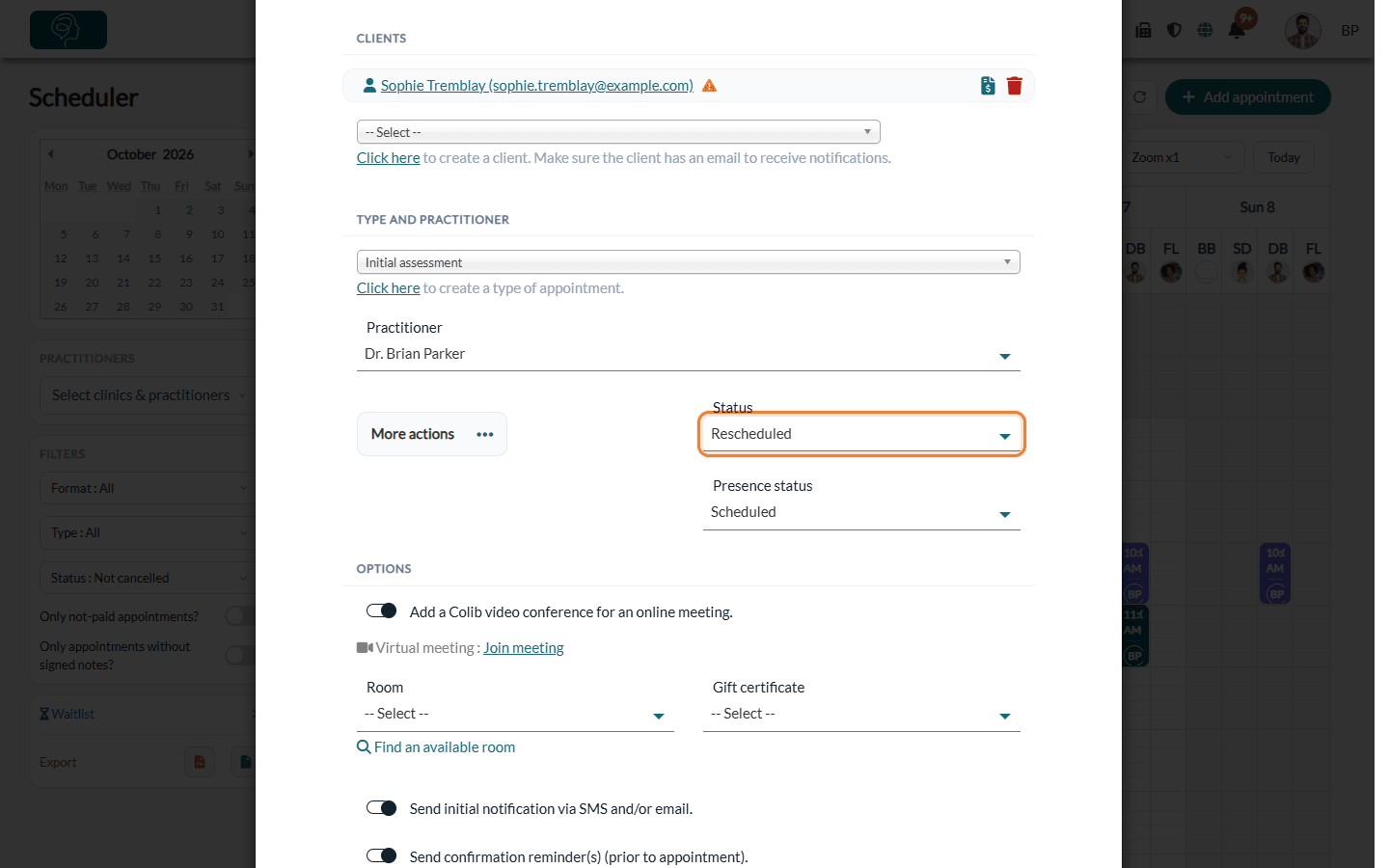 Status field of an appointment in the scheduler