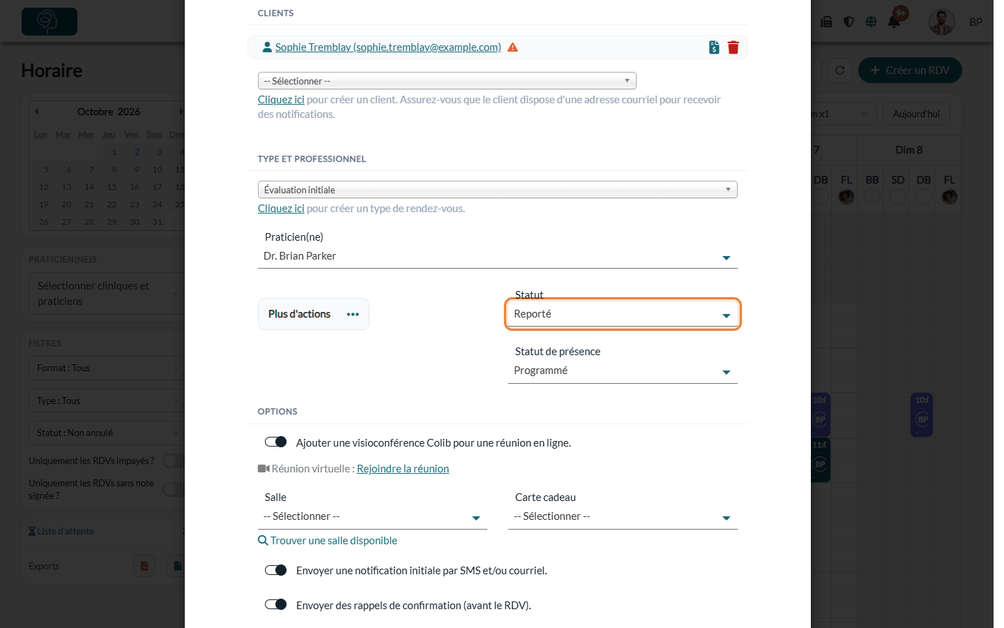 Champ Statut d'un rendez-vous dans l'horaire