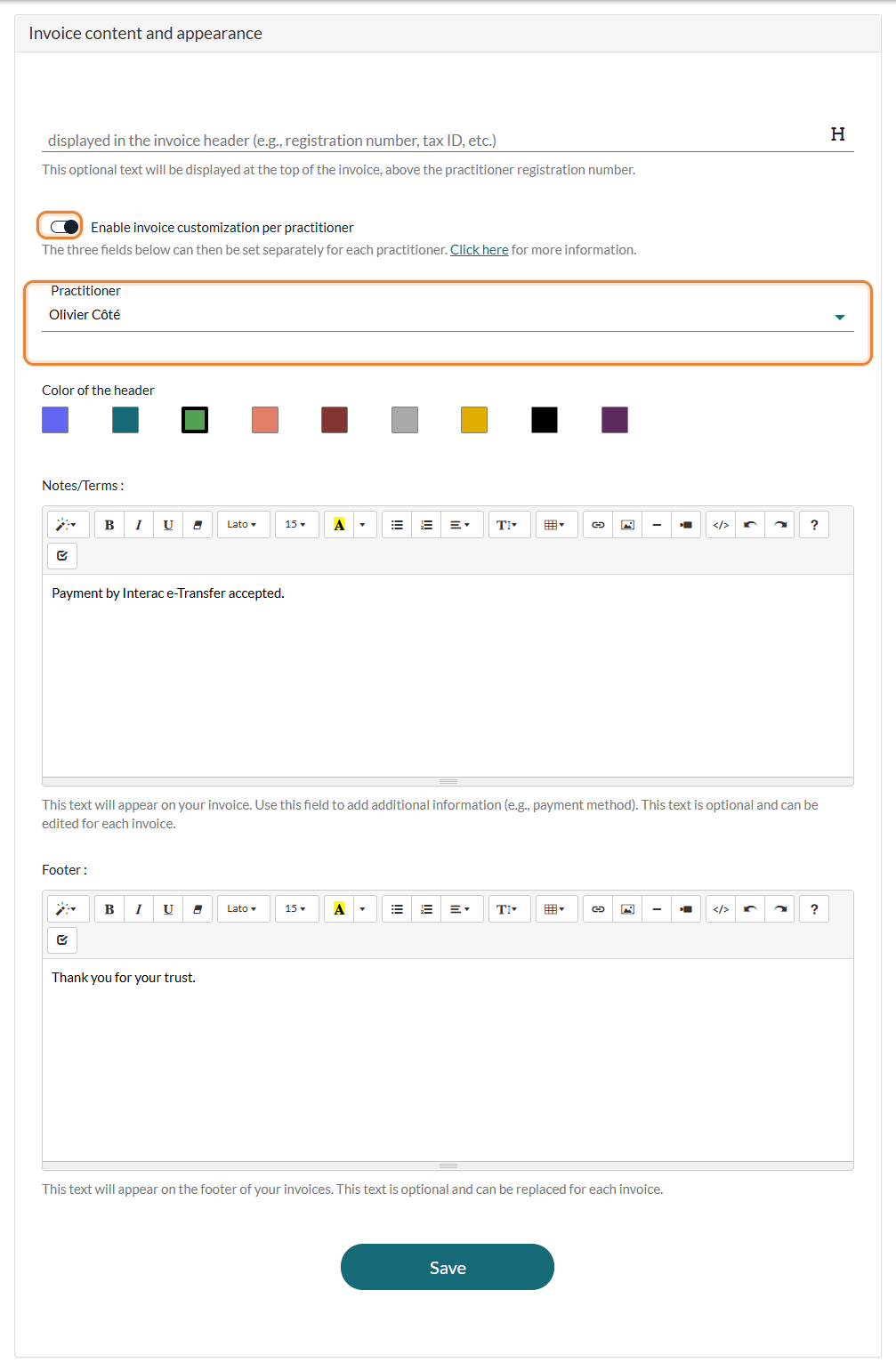 Invoice content and appearance section with the customization per practitioner