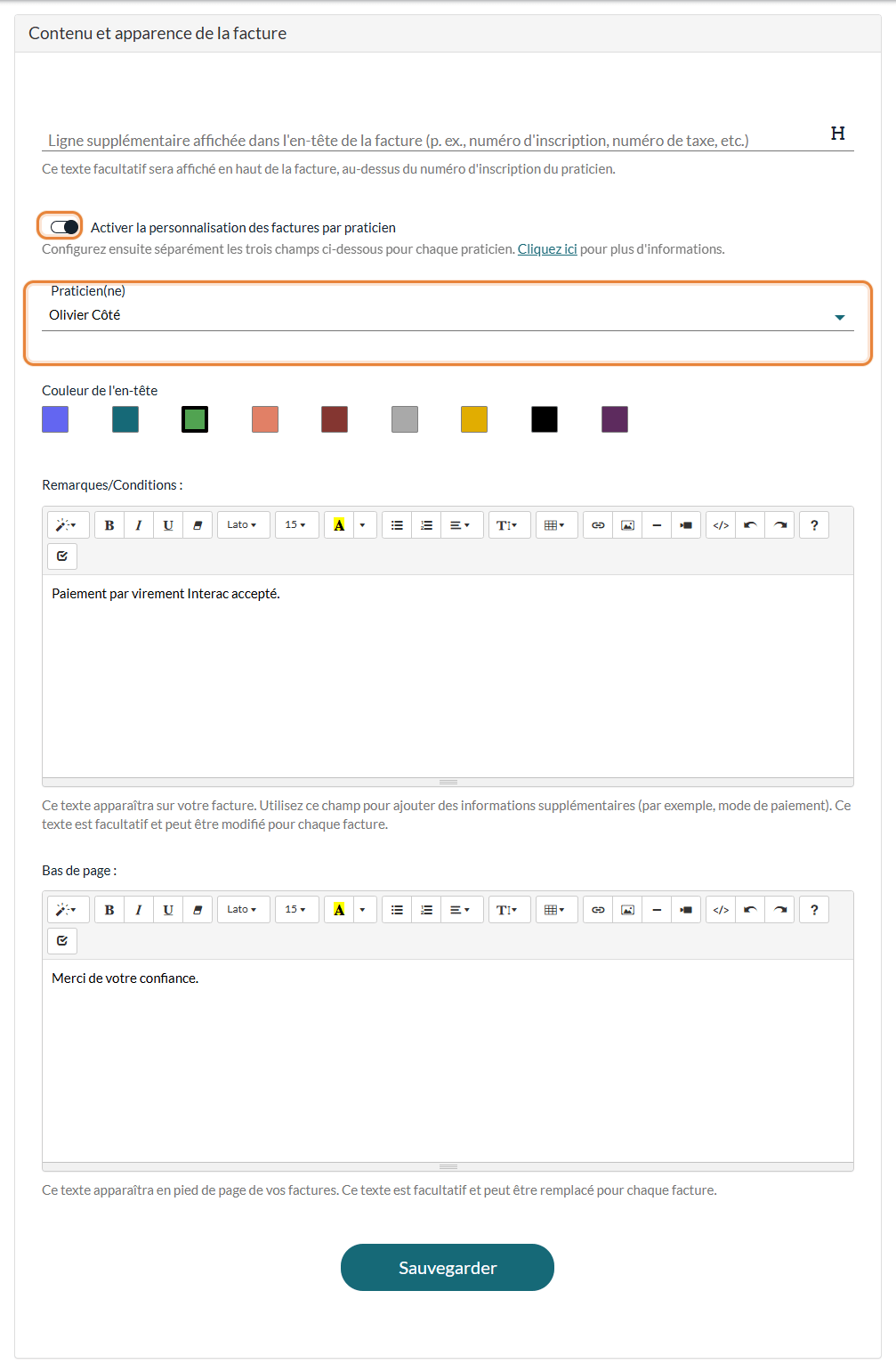 Section Contenu et apparence de la facture avec la personnalisation par praticien