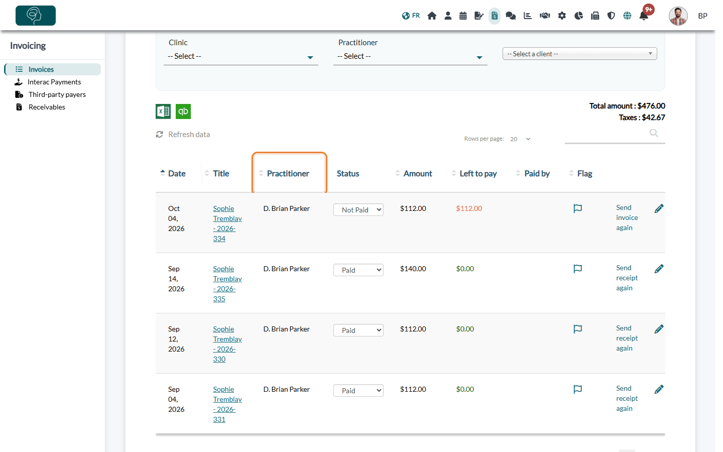 Practitioner column in the invoice list
