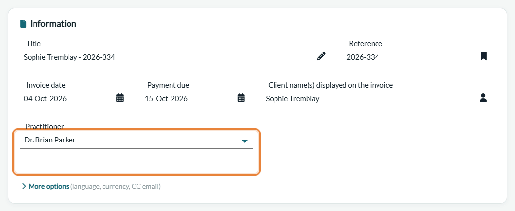 Practitioner field in the Information card of an invoice