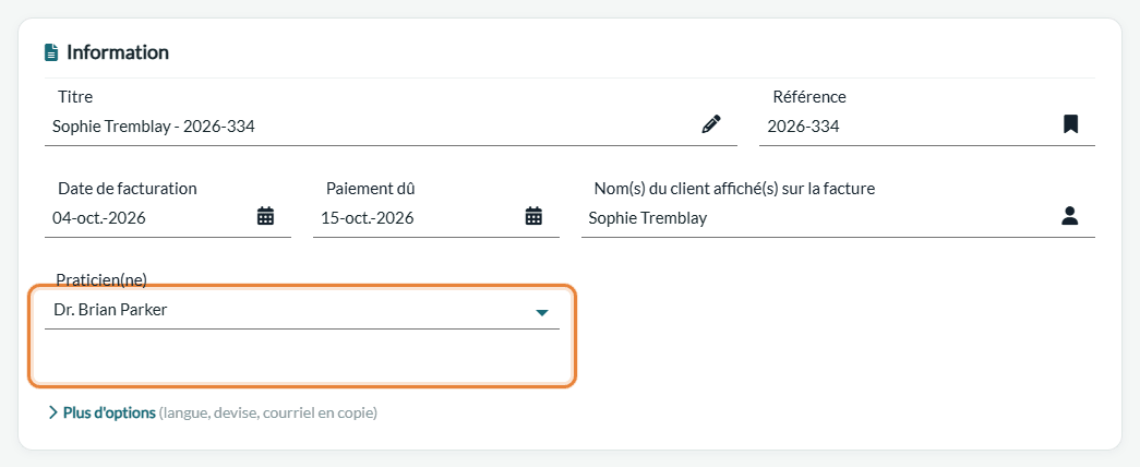 Champ Praticien(ne) dans la carte Information d'une facture