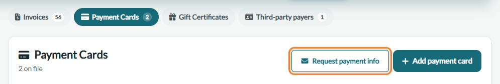 Request payment info button in the Payment Cards section of a client record