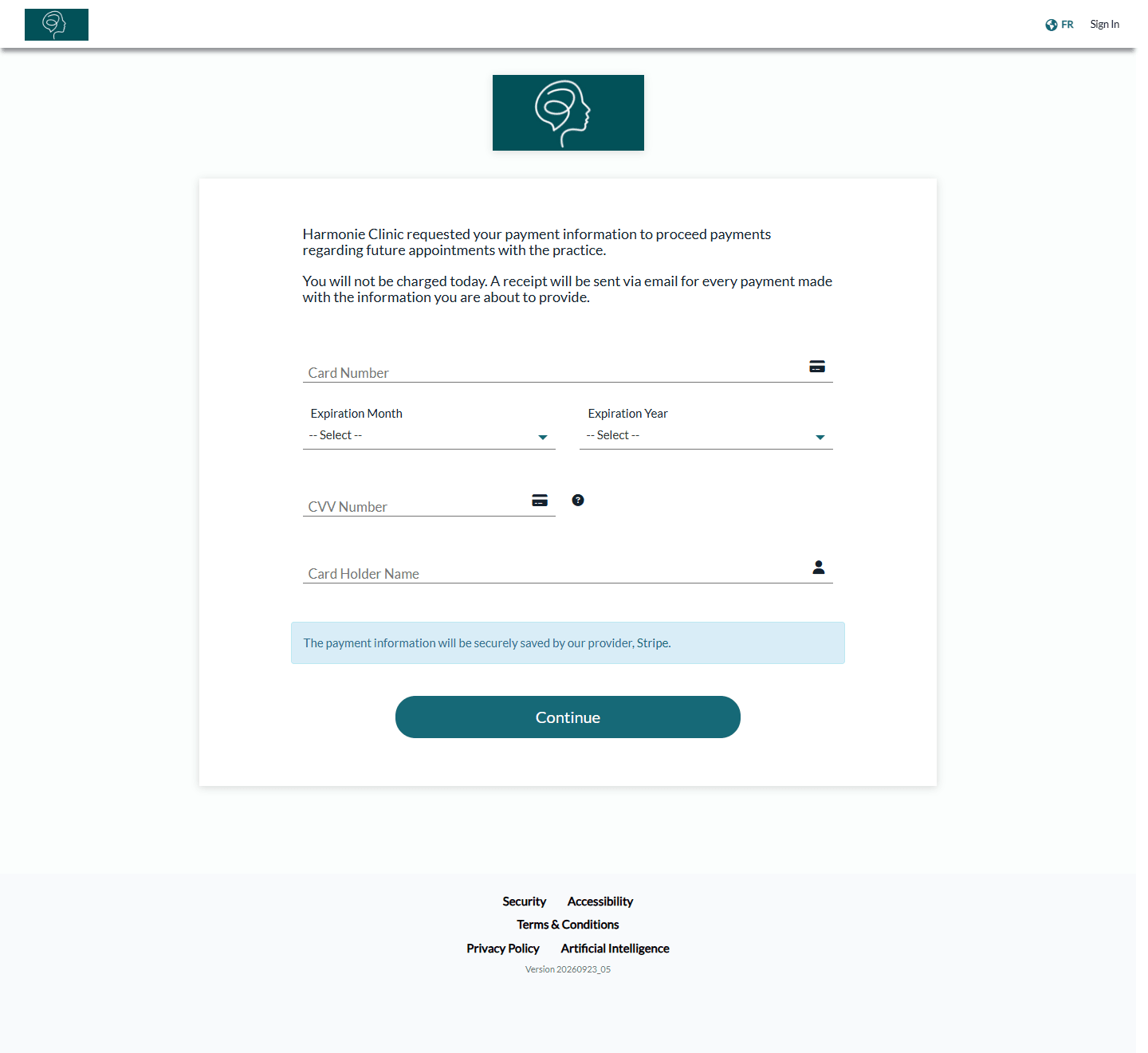 Payment information page where the client enters their card