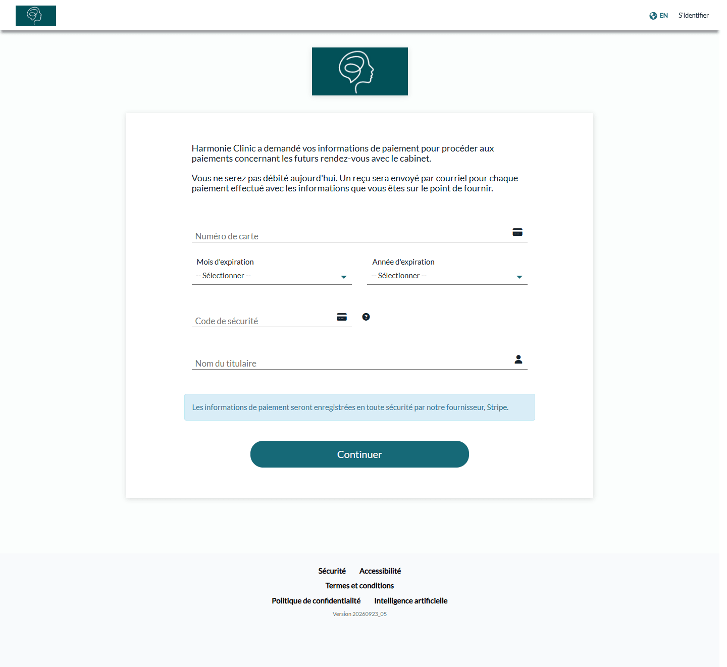 Page d'informations de paiement où le client saisit sa carte