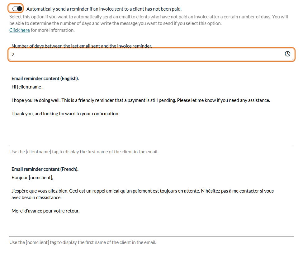 Automatic invoice reminder settings in the Automation section