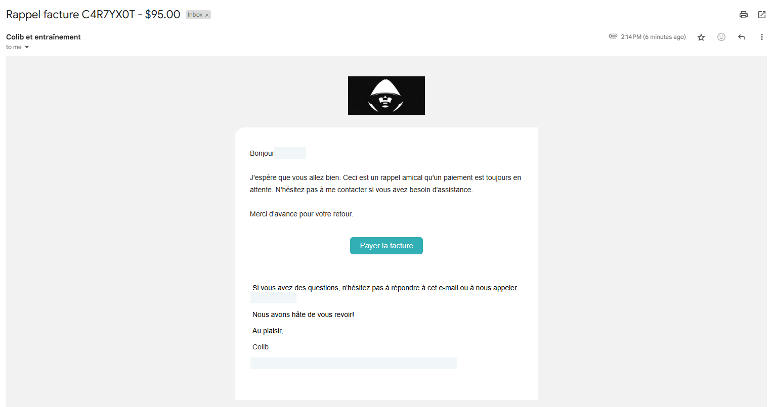 Exemple de courriel de rappel de facture reçu par un client, avec le bouton Payer la facture