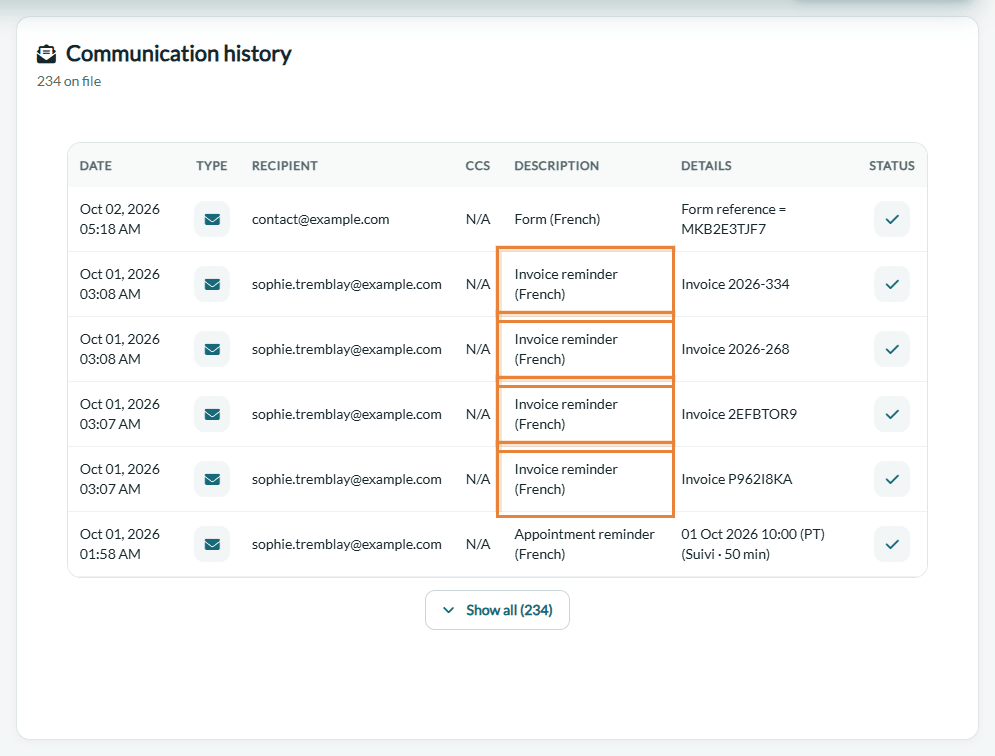 Invoice reminders in the communication history of a client