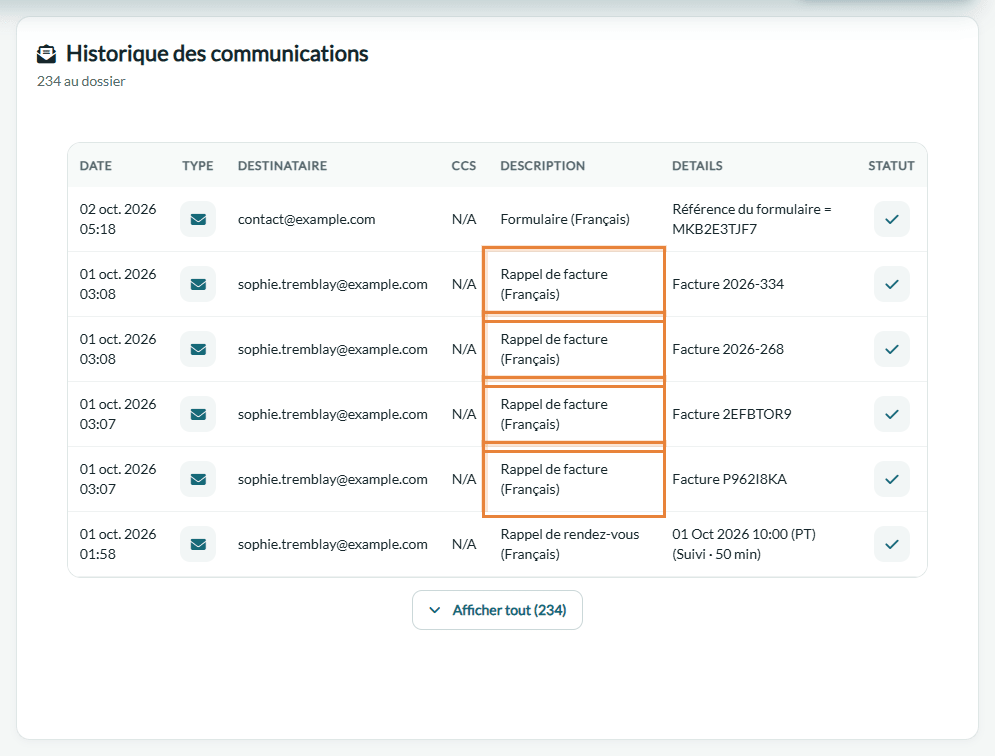 Rappels de facture dans l'historique des communications d'un client