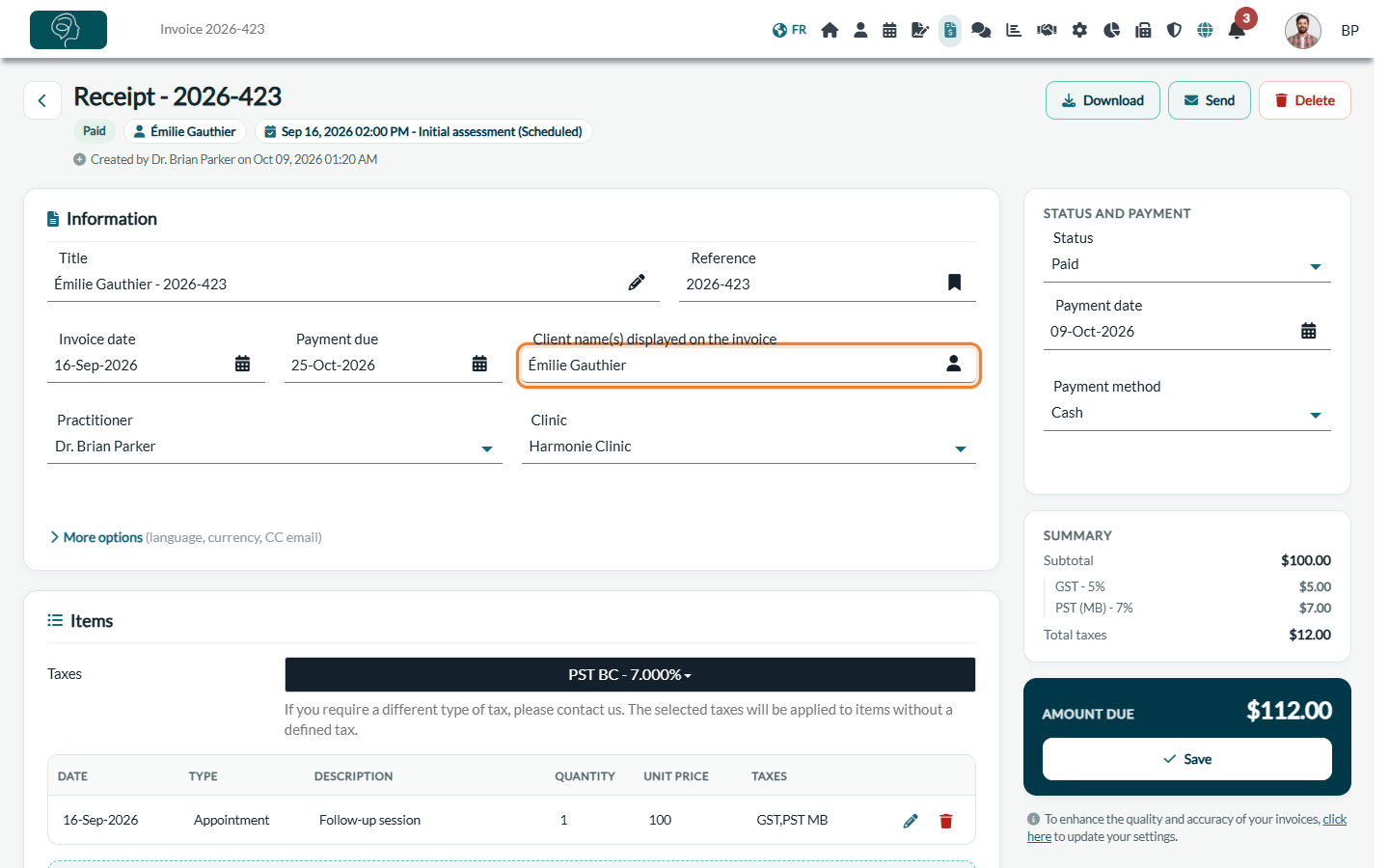 Receipt page with the Client name(s) displayed on the invoice field