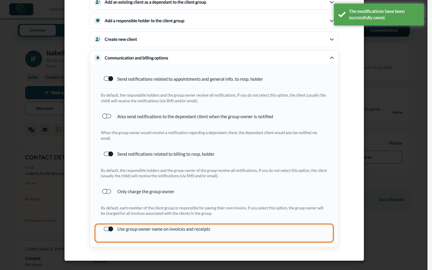 Use group owner name on invoices and receipts option in the client group window