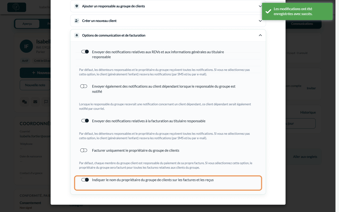 Option Indiquer le nom du propriétaire du groupe de clients sur les factures et les reçus dans la fenêtre du groupe
