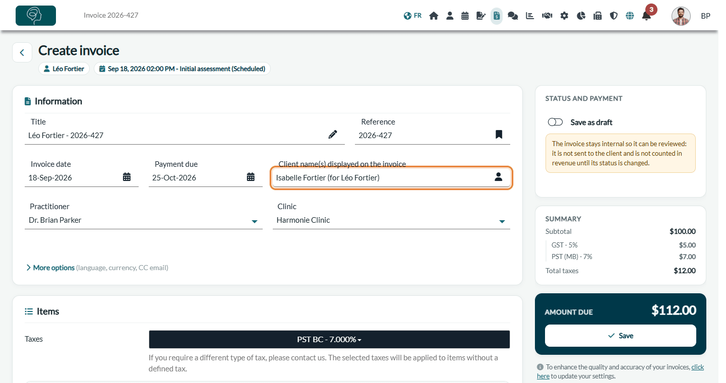New invoice of the child showing the guardian's name in Client name(s) displayed on the invoice