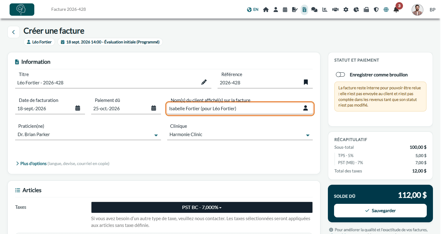 Nouvelle facture de l'enfant avec le nom du responsable légal dans Nom(s) du client affiché(s) sur la facture