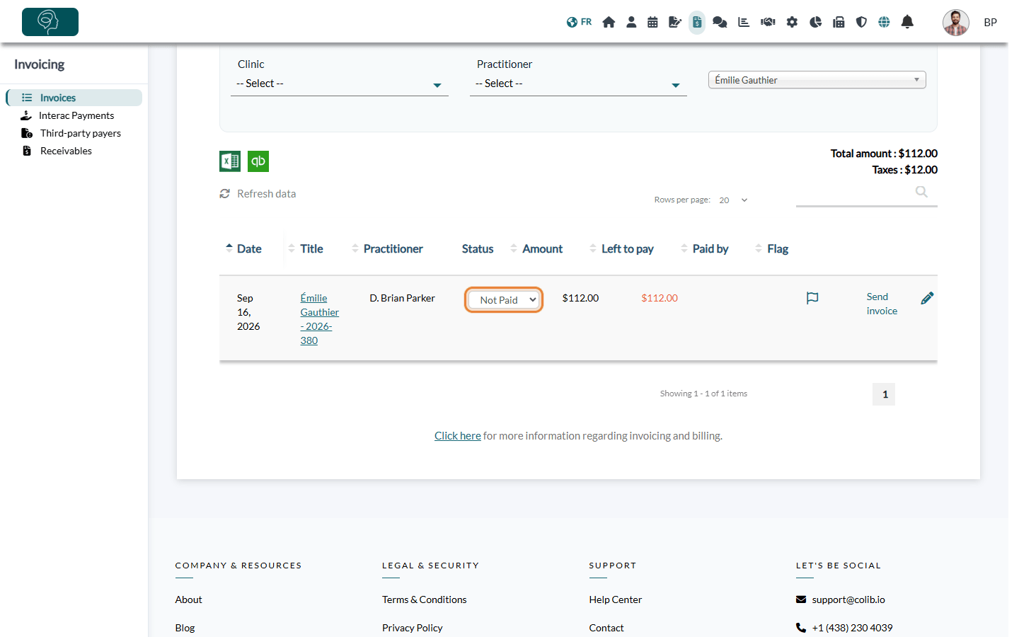 Status drop-down list in the list of invoices