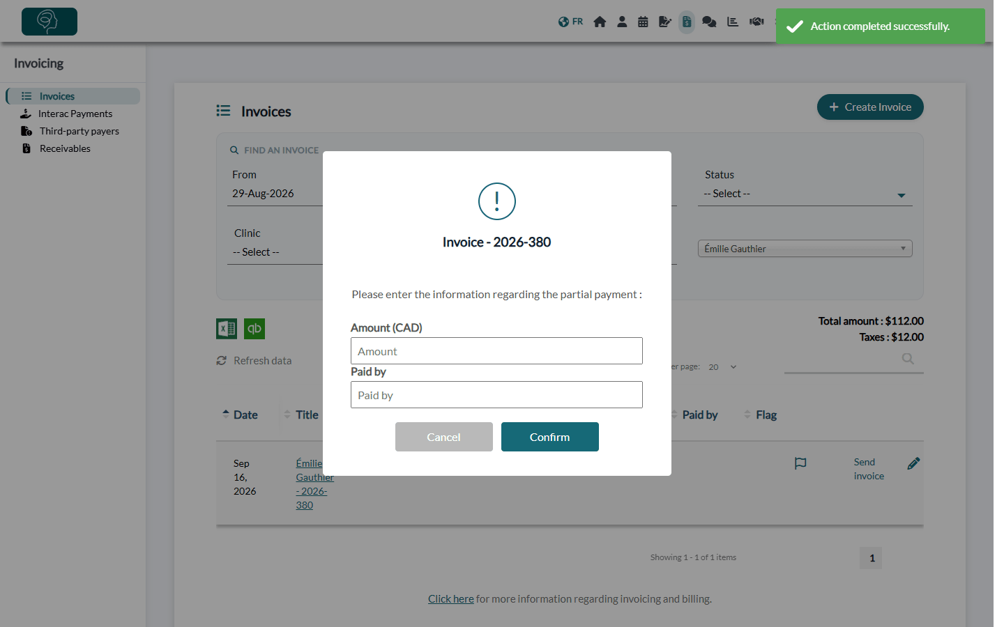 Window to enter a partial payment
