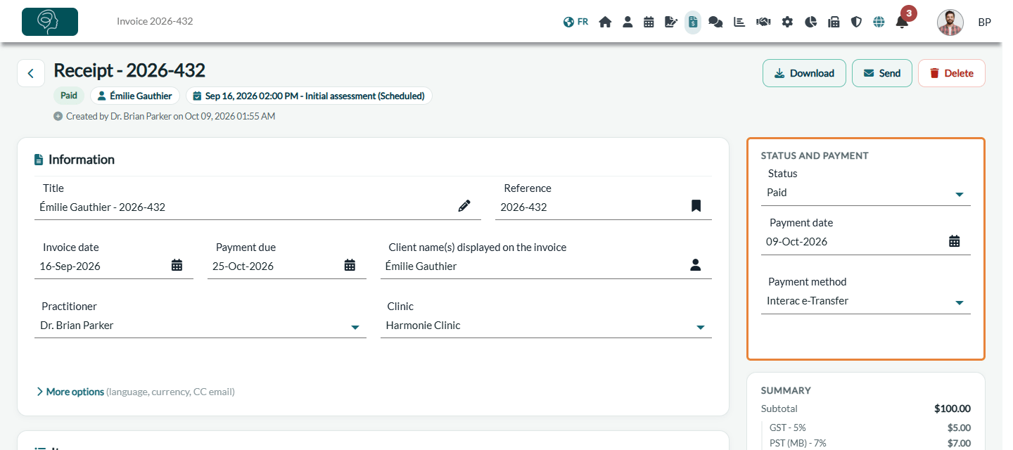 Status and payment panel of the invoice page with the Status, Payment date and Payment method fields