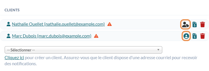 Icônes de payeur par défaut à côté des clients du rendez-vous